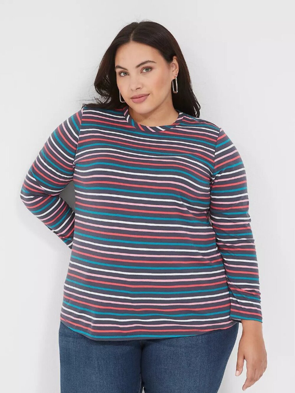 Lane Bryant Multi Navy Stripe Long-Sleeve Crew-Neck Tee in Size 18/20 (2X)